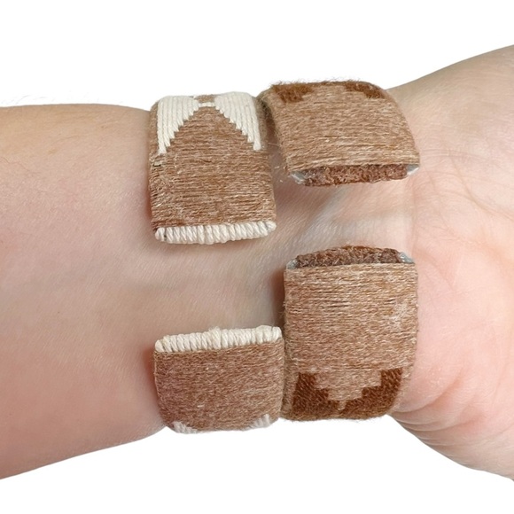 Brown & White Yarn Wrapped Aztec Native Pattern Cuff Bracelets - Picture 3 of 10